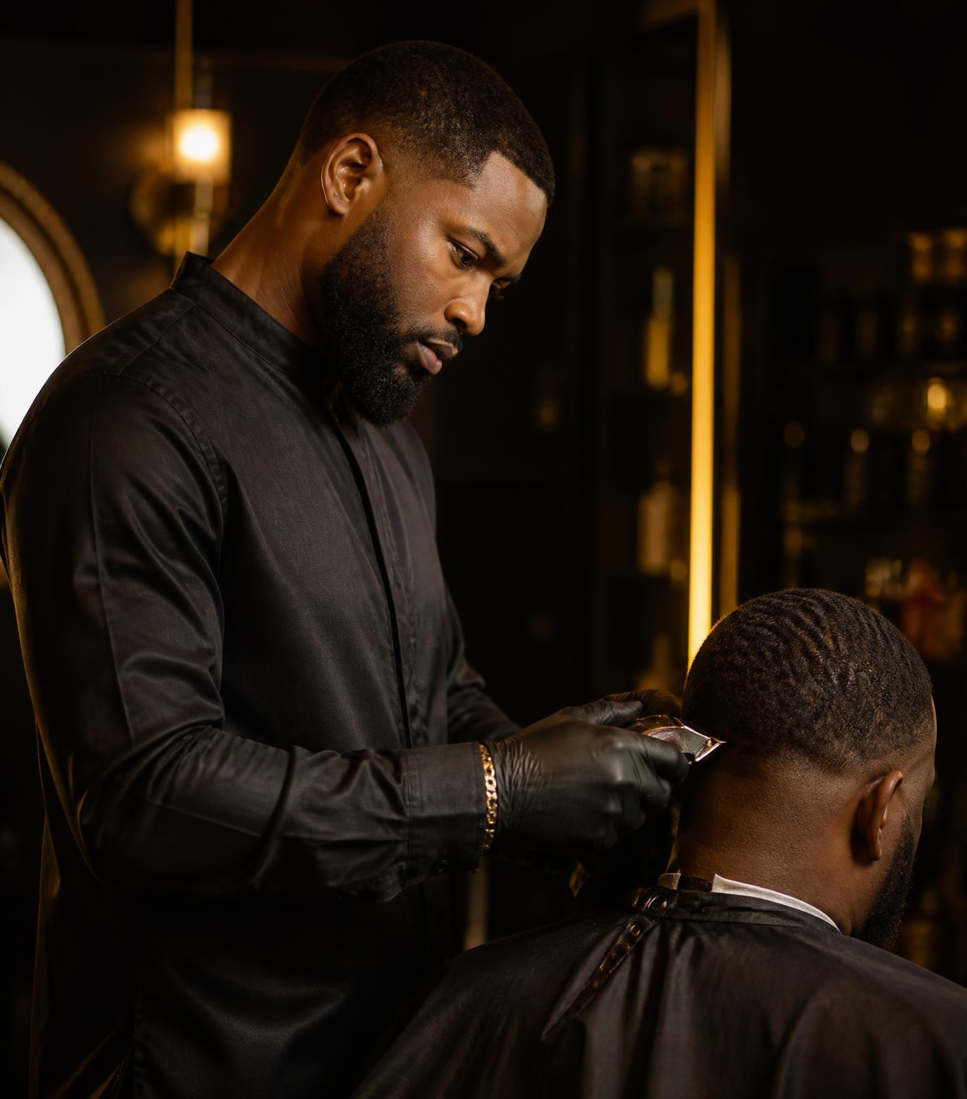 Barber coach cutting a client's hair in a luxury barbershop